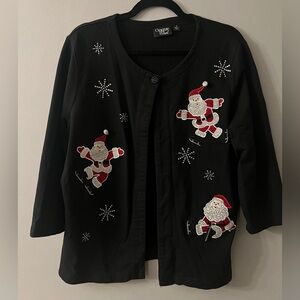 Onque Casual Black Cardigan with Skating Santa and Snowflake Embellishments